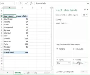How to count the number of occurrences in a list with a pivot table in Excel : Value type selection and result