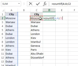 How to count the number of occurrences in a list with functions in Excel : Creation of a countif formula on entries and values