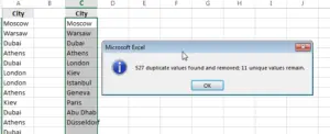 How to count the number of occurrences in a list with functions in Excel : Remove Duplicates operation result summary