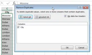 How to count the number of occurrences in a list with functions in Excel : Remove Duplicates options