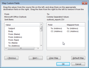 How to export email addresses in MS Outlook : Custom fields mapping to select export fields