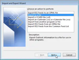 How to export email addresses in MS Outlook : Export to a file option