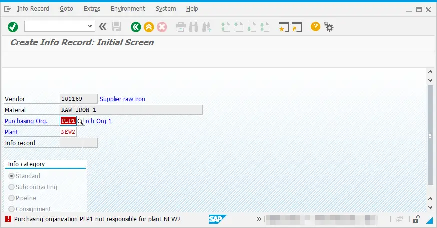 How to solve SAP Purchasing organization XX not responsible for plant YY : Error in Purchase Info Record creation screen