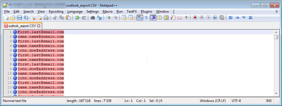 Notepad++ how to extract email addresses from a file : Final file containing only email addresses