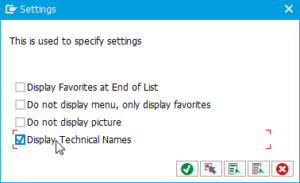 SAP how to display the transaction codes in the user menu : Check of setting Display Technical Names