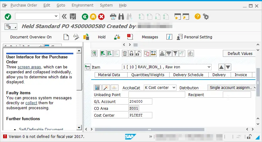 SAP How to solve Version is not defined for fiscal year : Error during Purchase Order creation