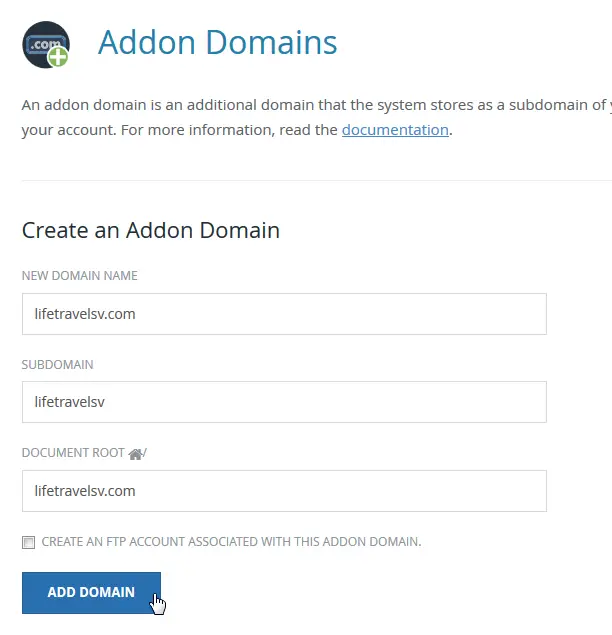 cPanel add an external domain to existing web hosting : Addon Domains menu in cPanel