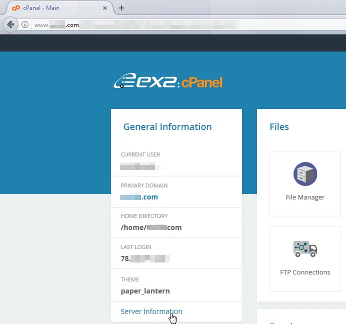 CPanel get the host server IP address : Server information menu in cPanel homepage