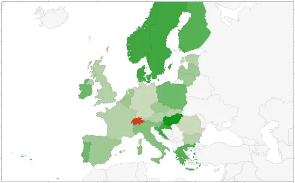 Create a shareable map chart with Google Sheets : Europe region of a map chart