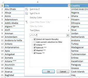 Excel filter wildcards and with wildcards - star and interrogation mark : Researching succession of wildcards preceded with tilde ~