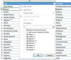 Excel filter wildcards and with wildcards - star and interrogation mark : Wildcard preceded with tilde ~ returns strings containing it 