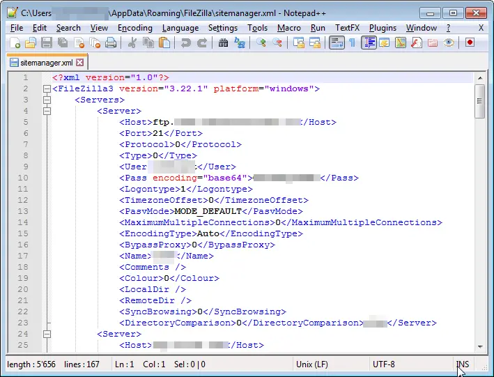 FileZilla retrieve password of an FTP website connection in Windows : FTP connections details in sitemanager.xml file