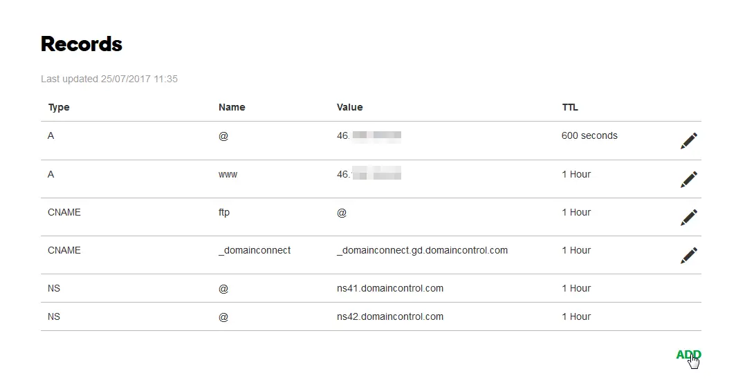 GoDaddy.com redirect a registered domain to another web hosting : Changing domain records, adding @ and www