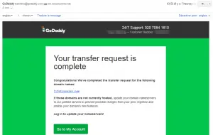 GoDaddy.com redirect a registered domain to another web hosting : Domain transfer request completed email