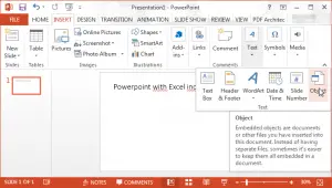 How to insert / include an Excel spreadsheet in a Powerpoint presentation : Menu insert object in Microsoft Powerpoint presentation