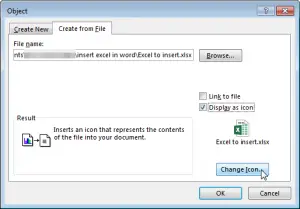 How to insert / include an Excel spreadsheet in a Word document : Do not forget to select Display as Icon, and Change icon to enter a meaningful name