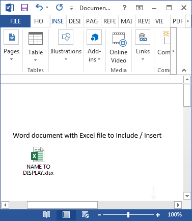 How to insert / include an Excel spreadsheet in a Word document : Resulting document with Excel file embed