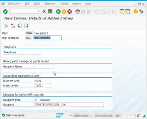 SAP Define an MRP Controller (Material Requirements Planning) : MRP Controller creation message