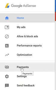 Google AdSense change payment threshold and schedule : Payments menu in menu bar