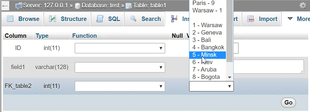 How to add a foreign key in phpMyAdmin : Foreign key displayed with table field during entry insertion