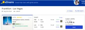 How to Compare Flight and Hotel prices -Find the best deals : Edreams - package 2 persons flight + hotel Frankfurt to Las Vegas 3 nights