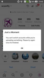Instagram video upload stuck : Cannot logout of Instagram while a video upload is stuck