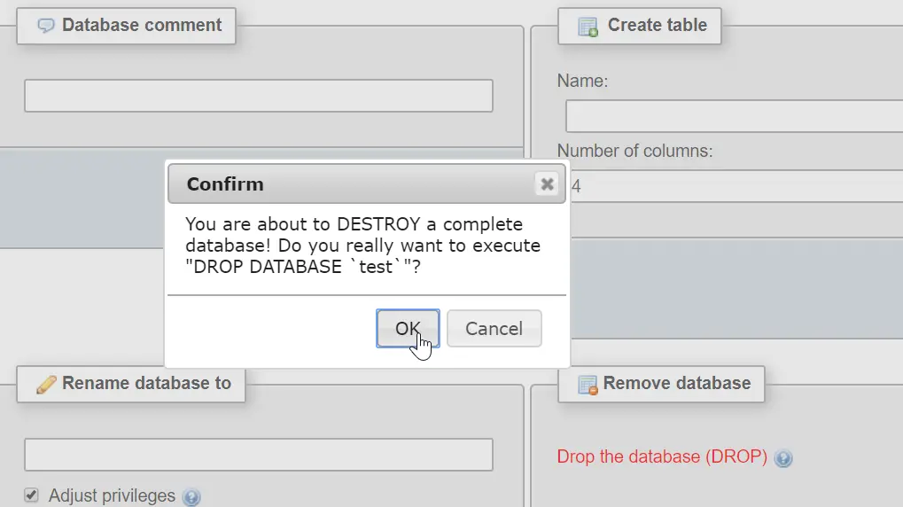 How to delete a database in phpMyAdmin : Confirm database deletion