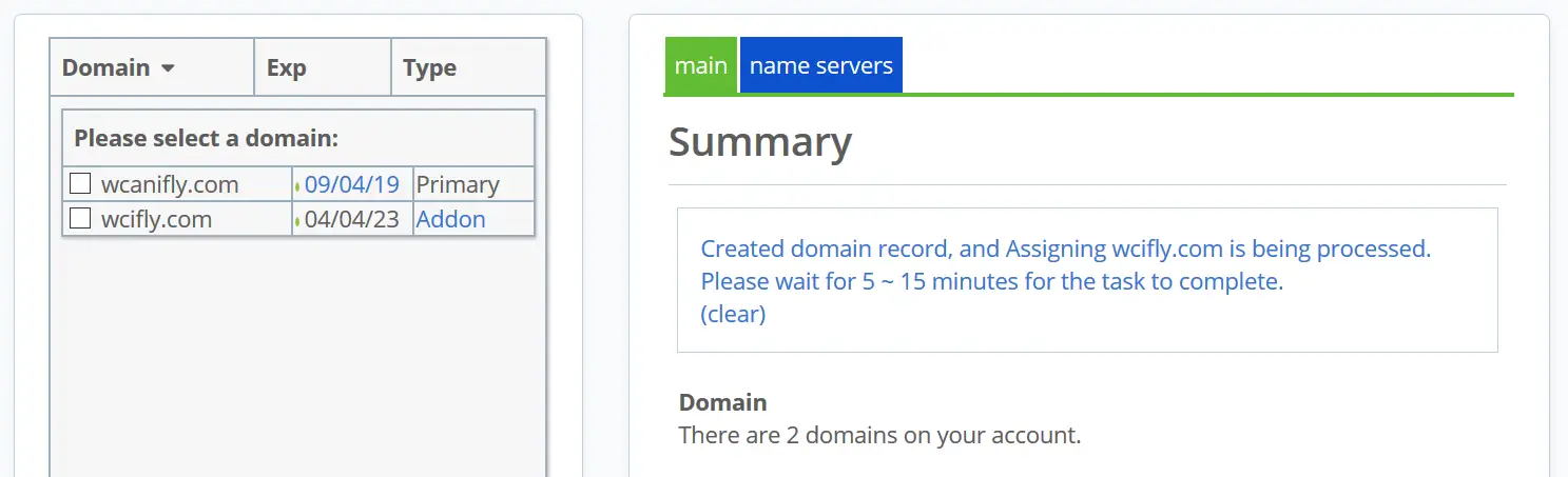 cPanel addon domain, create an addon domain : bluehost addon domain successfully added