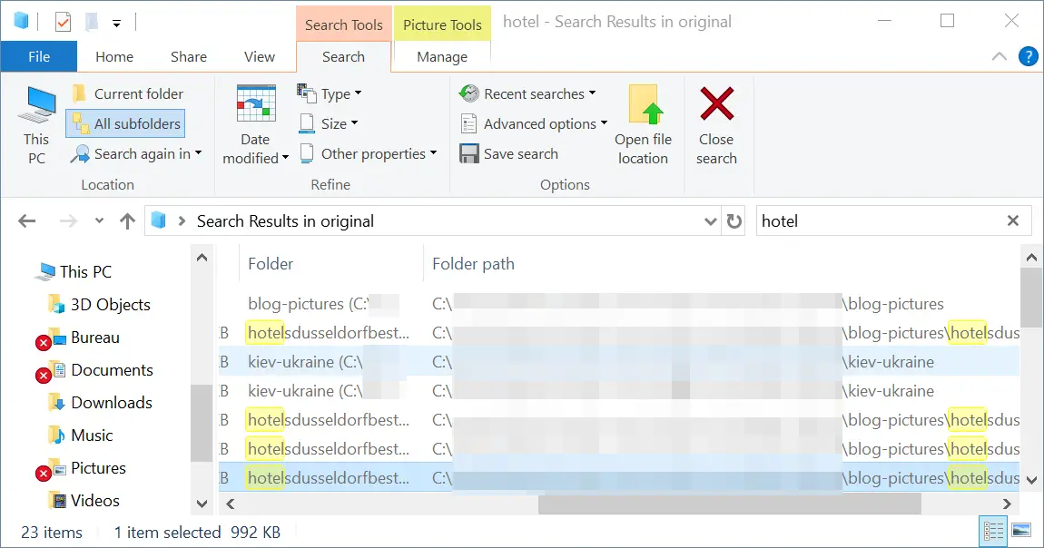 Windows search show full path : Windows explorer columns choosen are displayed