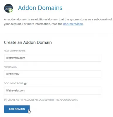 cPanel add new domain