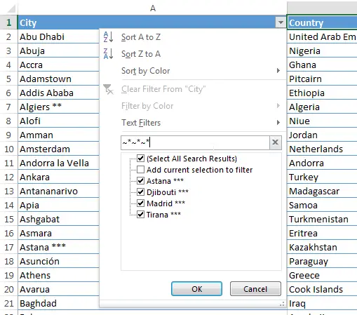 Excel wildcard filter