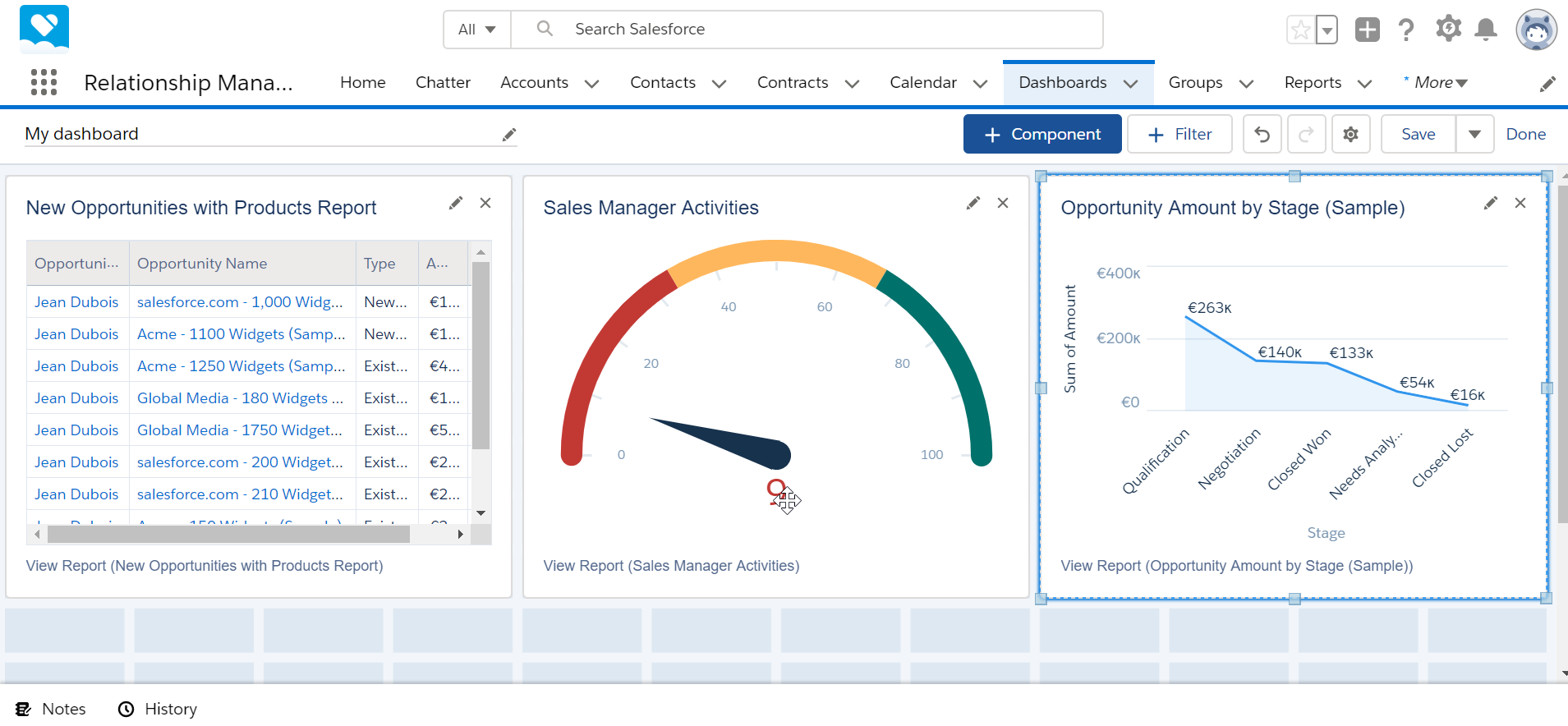 How to create a dashboard in SalesForce Lightning and add components?
