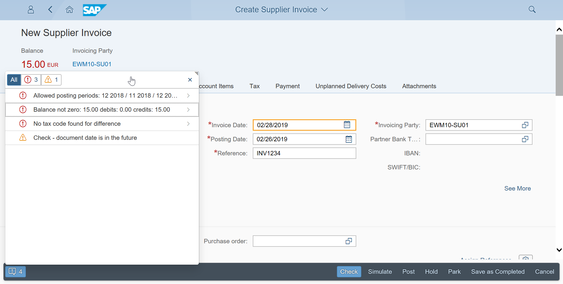 Solving the issue balance not zero while creating supplier invoice in SAP