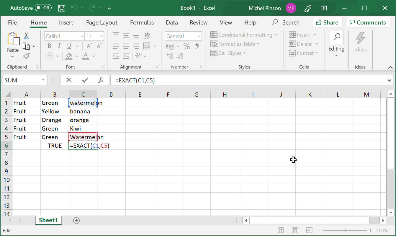 How to properly use Excel String Compare function?
