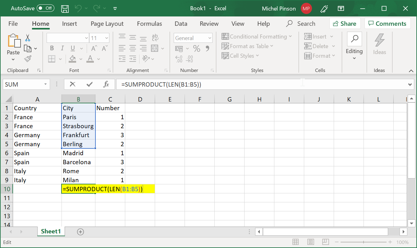 How to count number of cells and count characters in a cell in Excel?