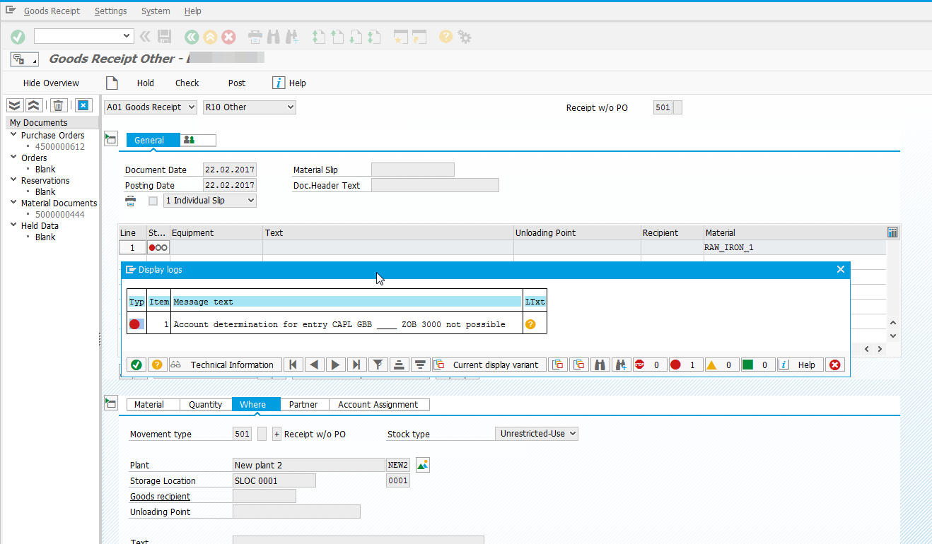 Solve SAP error M8147 account determination for entry not possible