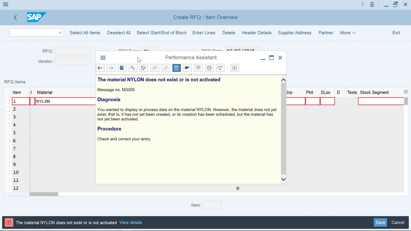 SAP: The material does not exist or is not activated M3305 – YB.Digital
