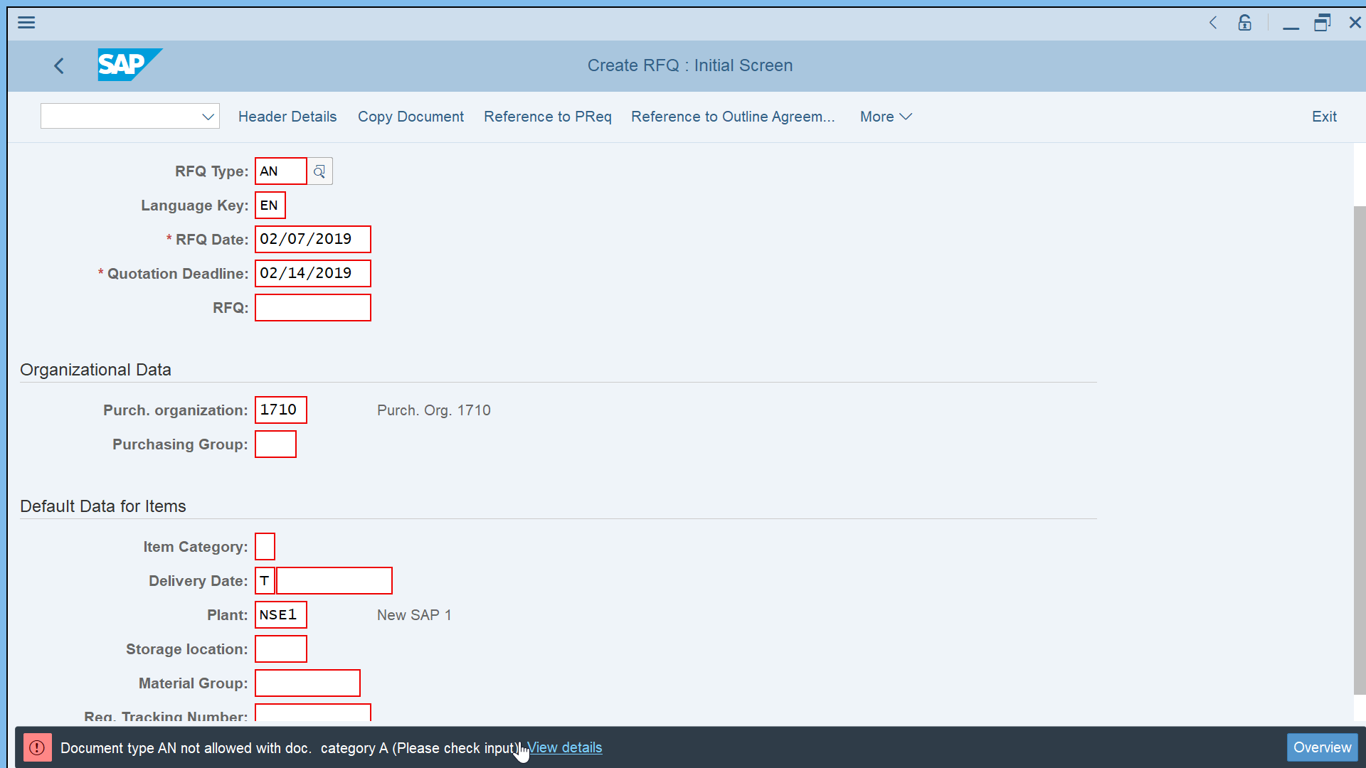 Solve SAP RFQ error ME013 Document type not allowed with doc. category