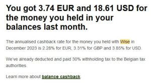 annualised cashback rate for the money held with Wise in December 2023 is 2.28% for EUR, 3.31% for GBP and 3.85% for USD
